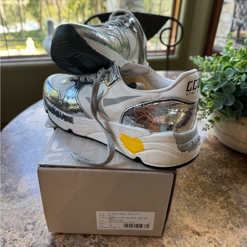 Golden Goose Metallic Silver Sneakers with Yellow Detail